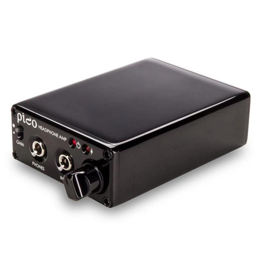 HeadAmp Pico Portable Headphone Amplifier in black with gain switch and two headphone output jacks on white background