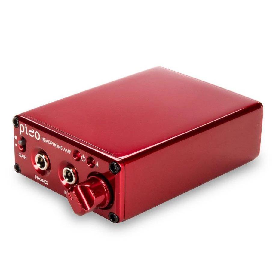 HeadAmp Pico Portable Headphone Amplifier in red metal casing with gain switch and two headphone jacks close-up view