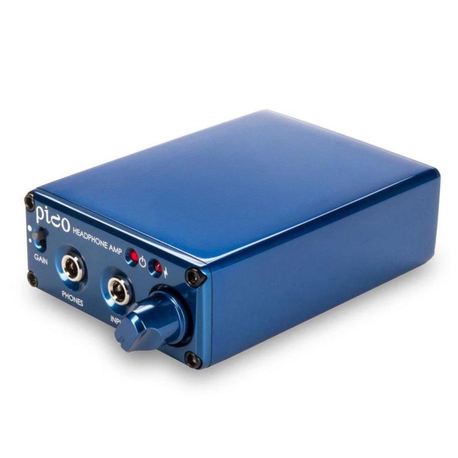 Compact blue HeadAmp Pico Portable Headphone Amplifier with gain switch and headphone jacks on front panel