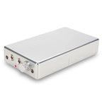 HeadAmp Pico Power Portable Headphone Amplifier in silver metal casing showing volume knob and headphone jacks on white background