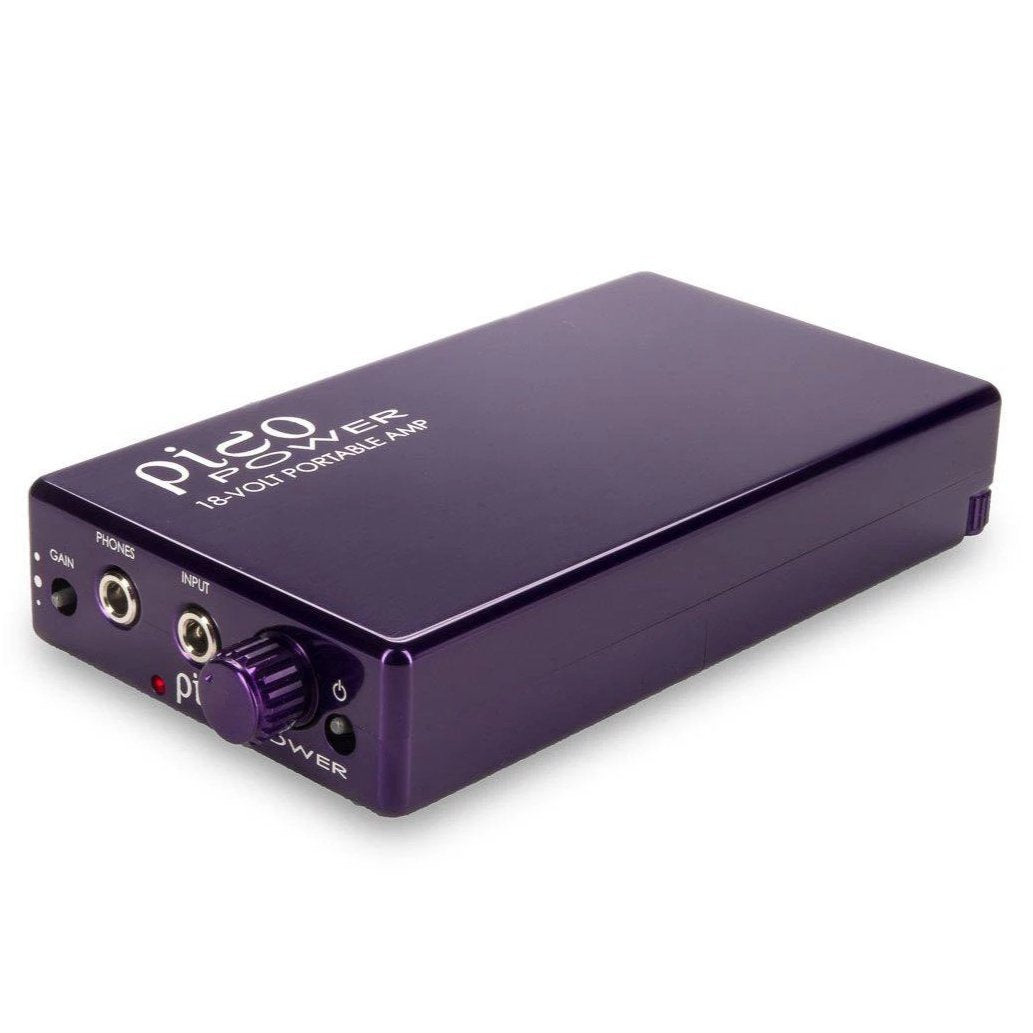 HeadAmp Pico Power Portable Headphone Amplifier in purple with volume knob and input jacks on white background