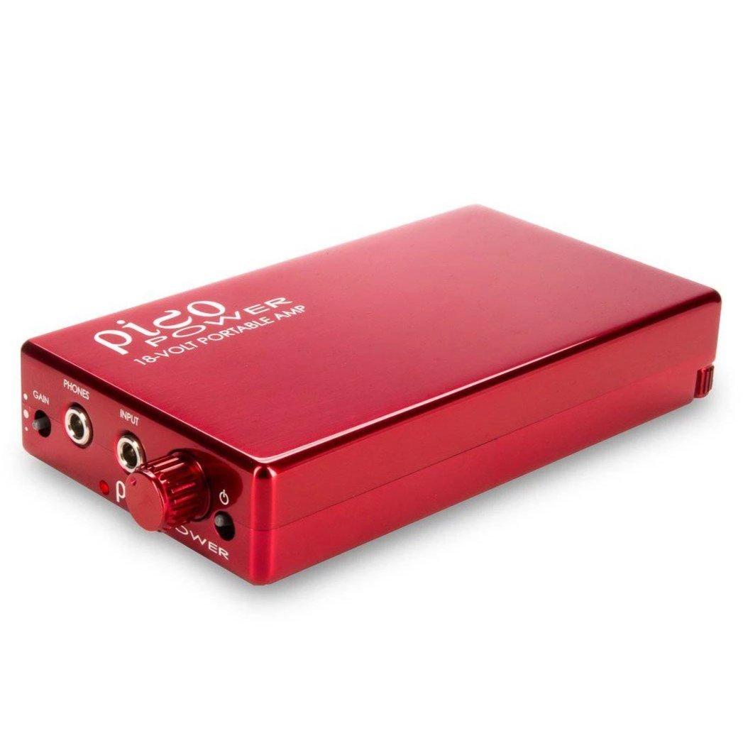 Red HeadAmp Pico Power Portable Headphone Amplifier with input jacks and volume knob on white background