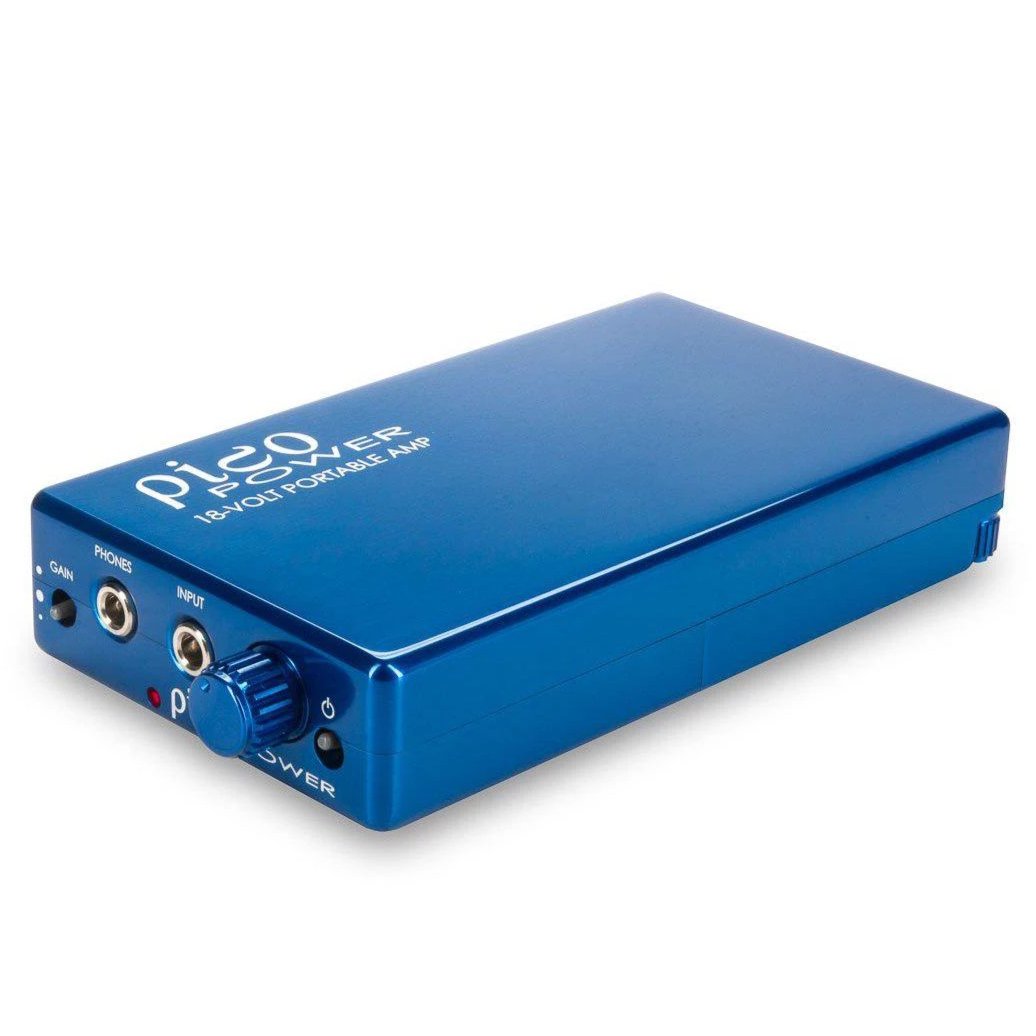 HeadAmp Pico Power Portable Headphone Amplifier in blue with input ports and volume knob on white background