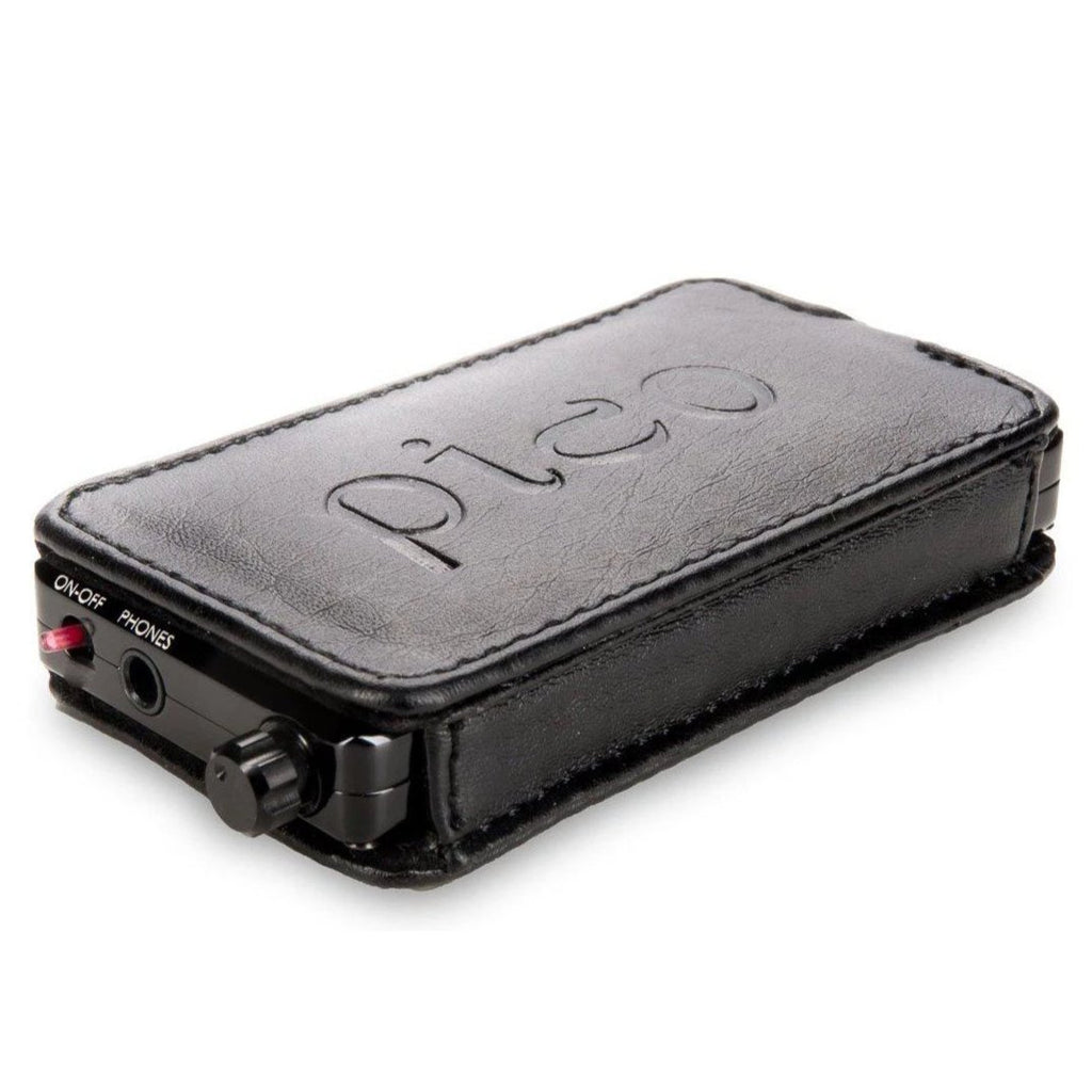 HeadAmp Pico Slim Portable Headphone Amplifier in black leather case with volume knob and headphone jack visible