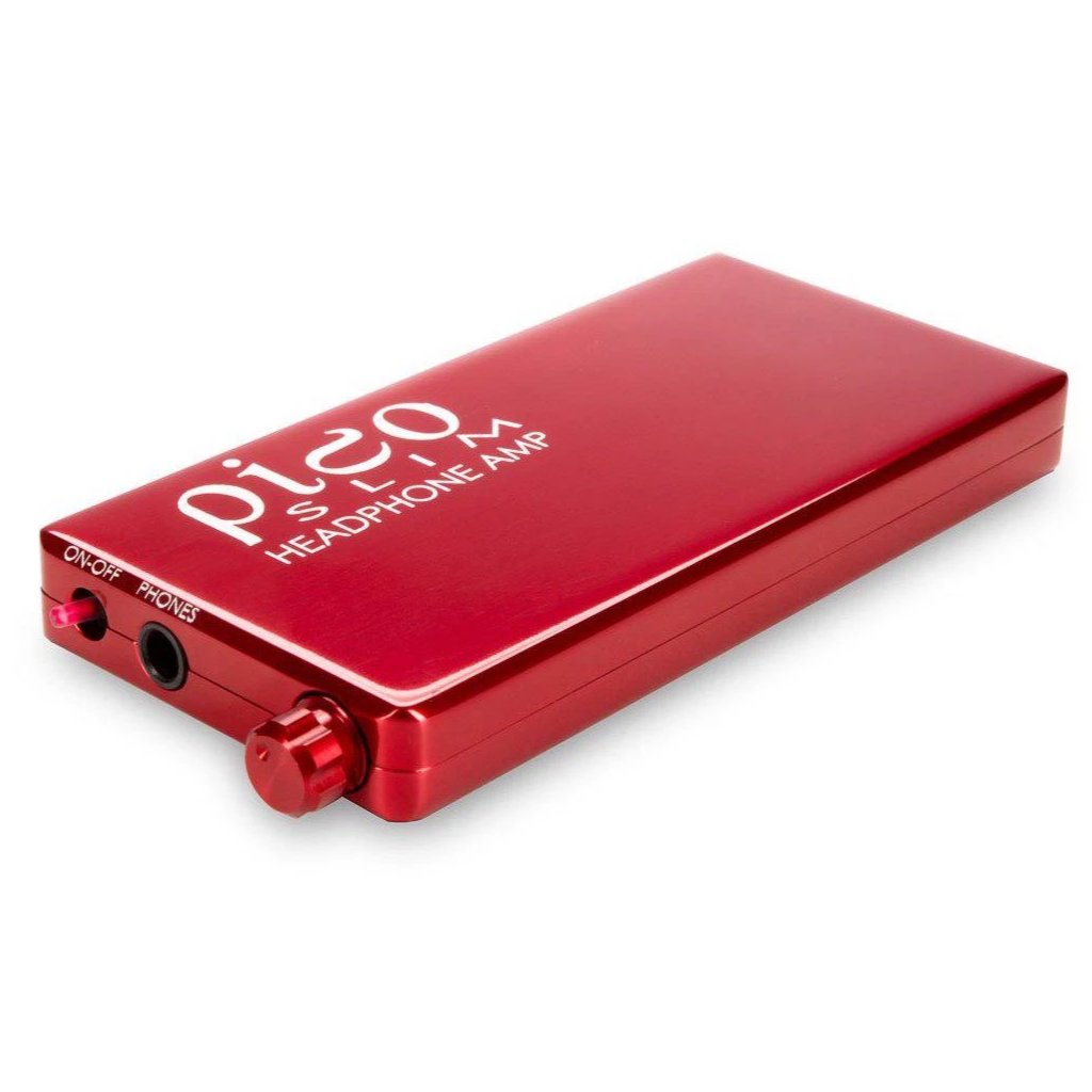 Red HeadAmp Pico Slim Portable Headphone Amplifier with volume knob and headphone jack on white background