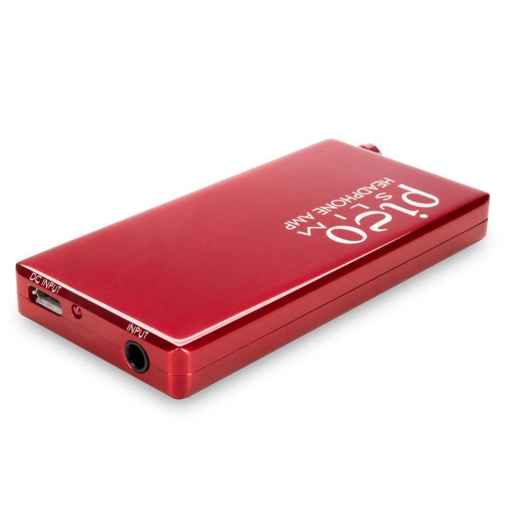Red HeadAmp Pico Slim Portable Headphone Amplifier with input and DC ports angled on white background