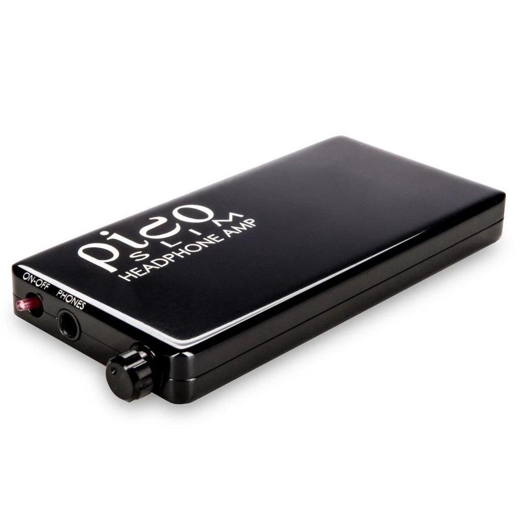 HeadAmp Pico Slim Portable Headphone Amplifier in black with volume knob and headphone jack on white background