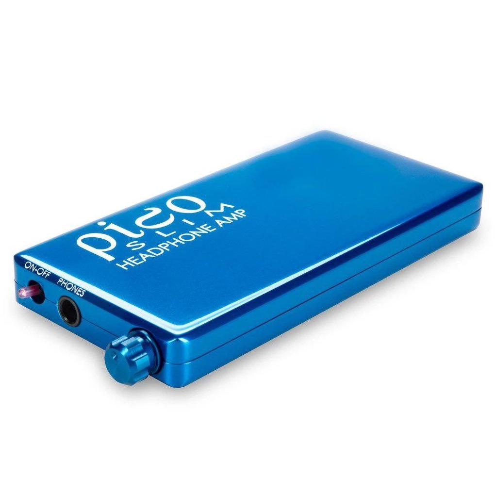HeadAmp Pico Slim Portable Headphone Amplifier in blue with volume control knob and headphone jack on white background