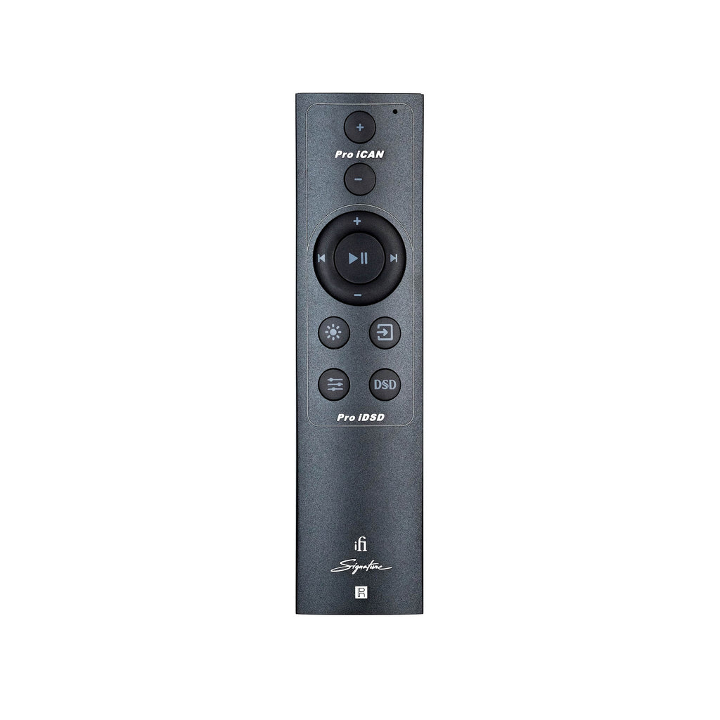 Remote control for the iFi Audio Pro iCAN Signature Tube + Solid State Headphone Amp with playback and volume buttons