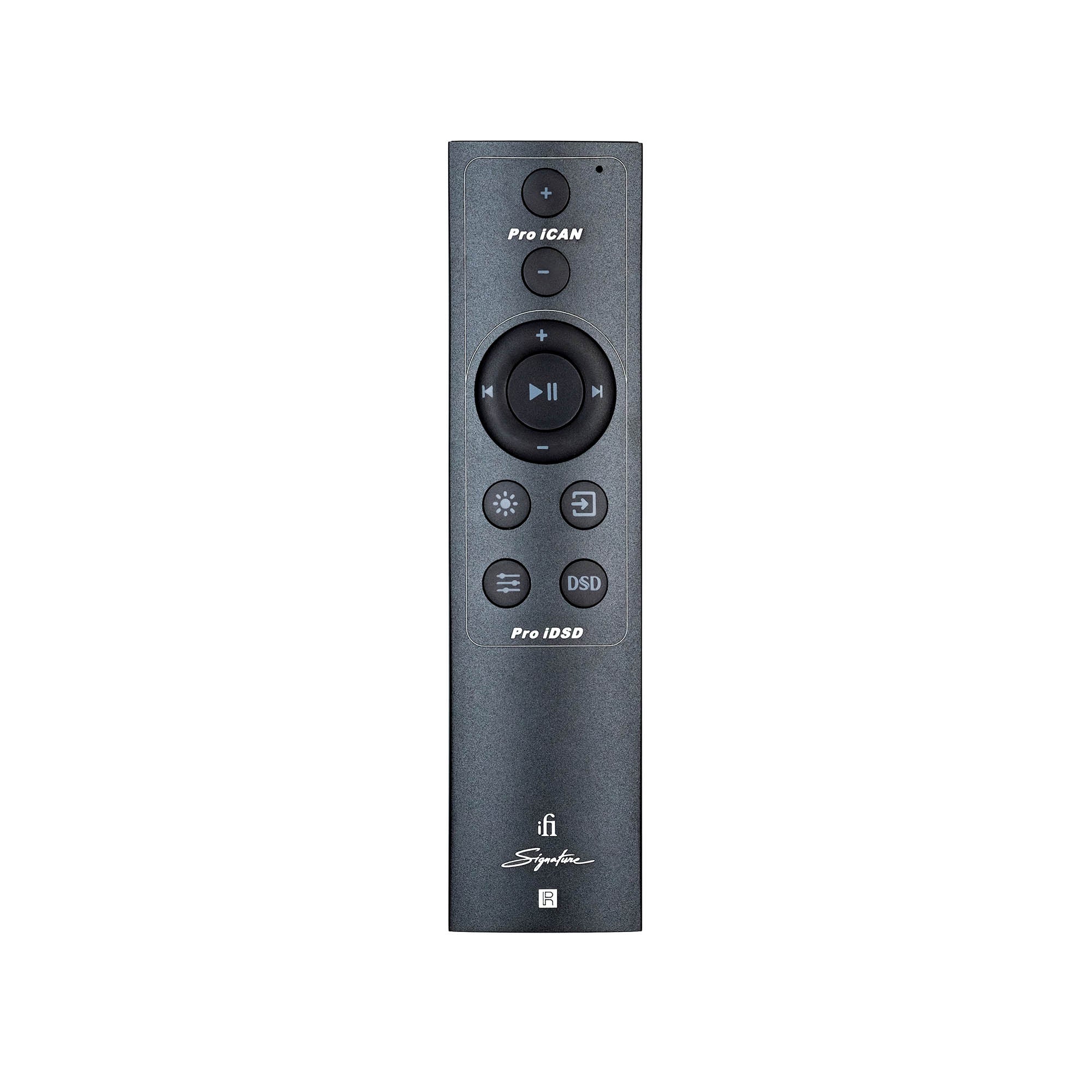 Remote control for the iFi Audio Pro iCAN Signature Tube + Solid State Headphone Amp with playback and volume buttons