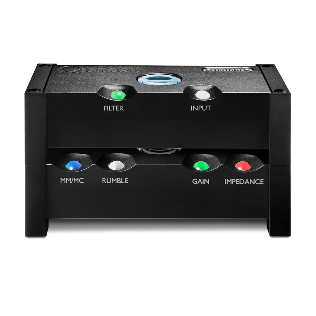 Front view of a black Chord Qutest Stand System holding stacked audio devices with labeled buttons and LED indicators