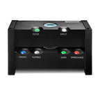 Front view of a black Chord Qutest Stand System holding stacked audio devices with labeled buttons and LED indicators