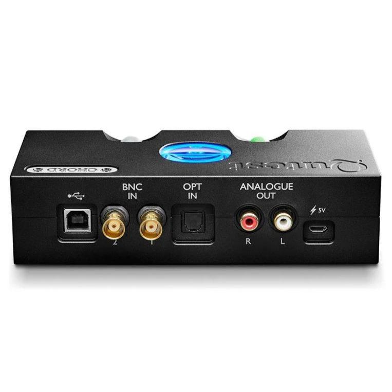 Rear view of the Chord Qutest DAC showing USB, BNC, optical inputs, and analogue RCA outputs on white background