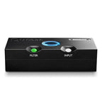 Front view of a compact black Chord Qutest DAC with illuminated filter and input buttons on white background