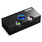 Chord Qutest DAC with illuminated blue circular window and filter and input buttons on black chassis