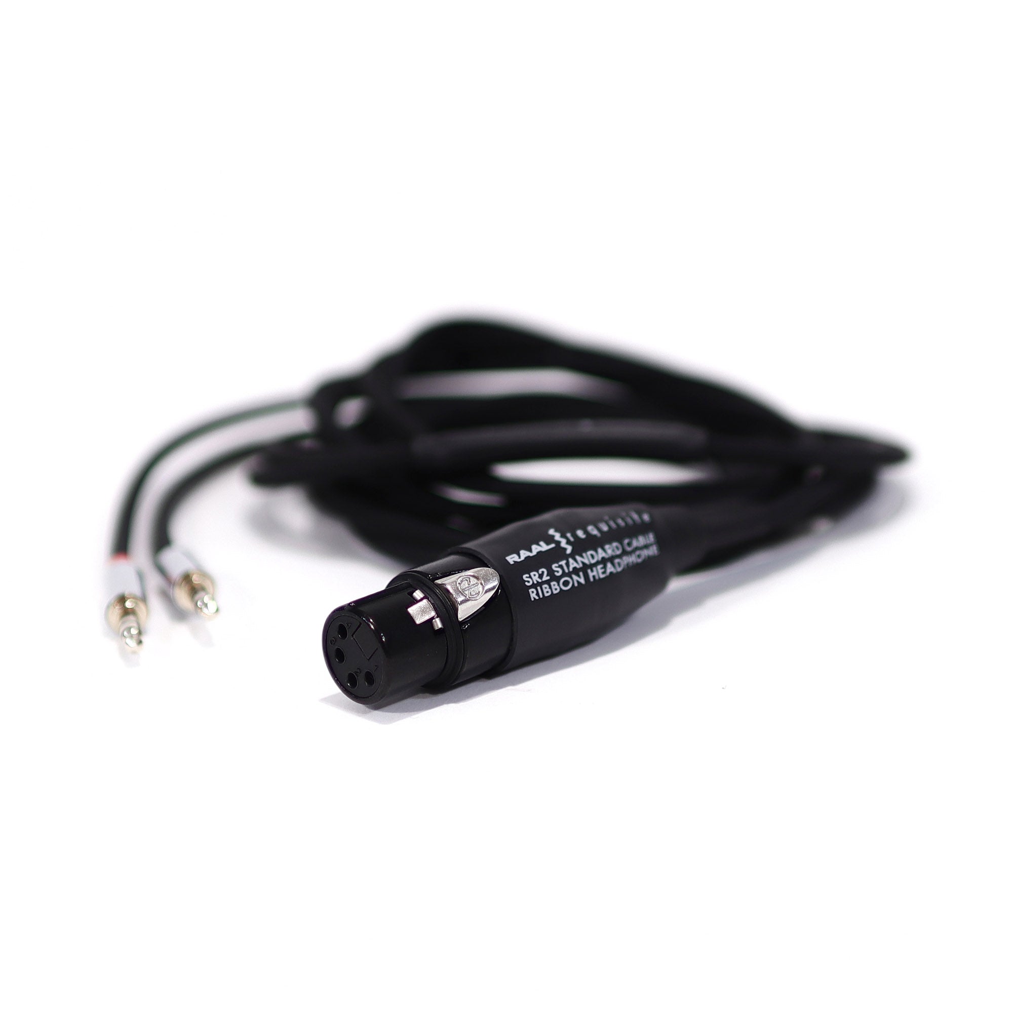 RAAL-requisite SR2 OEM Standard Cable for Ribbon Headphones with black connectors and coiled cable on white background