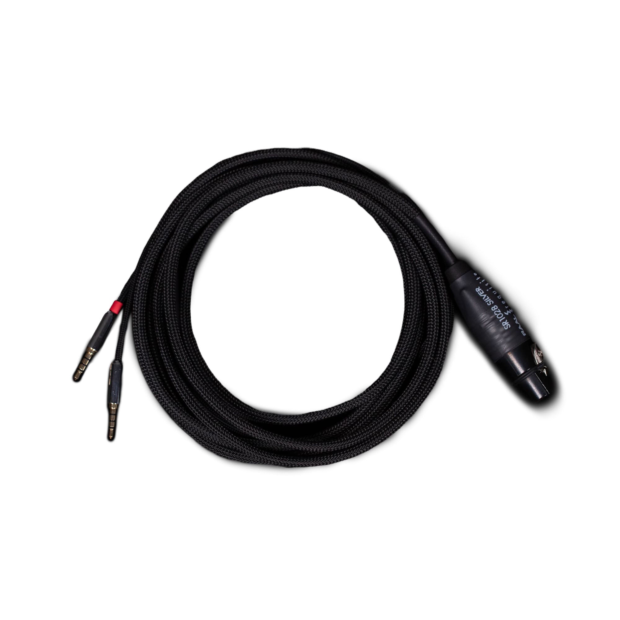 RAAL-requisite Studio Reference Silver Cable for Ribbon Headphones coiled with connectors on white background