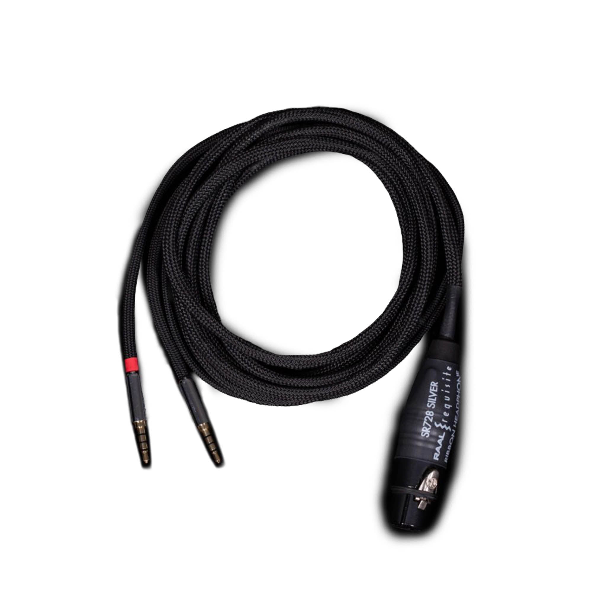 RAAL-requisite Studio Reference Silver Cable for Ribbon Headphones with braided cable and connectors on white background