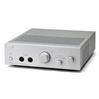 Silver electrostatic headphone amplifier by STAX, featuring ventilation grids and control knobs.
