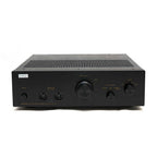 Front view of the black STAX SRM-T8000 electrostatic headphone amplifier with control knobs and output jacks