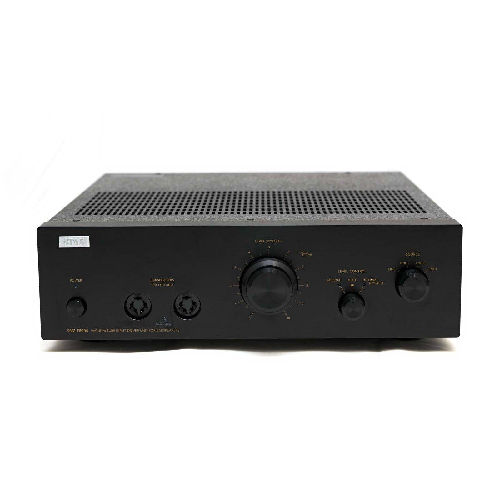 Front view of the black STAX SRM-T8000 electrostatic headphone amplifier with control knobs and output jacks