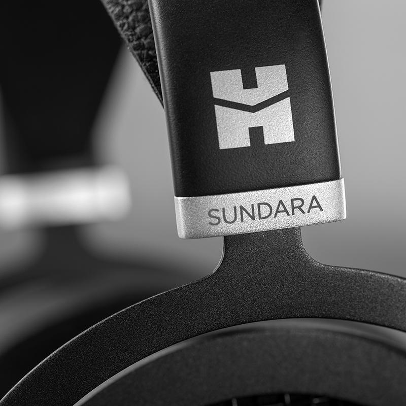 Close-up of the HIFIMAN Sundara Planar Headphones black headband with logo and Sundara branding in silver text