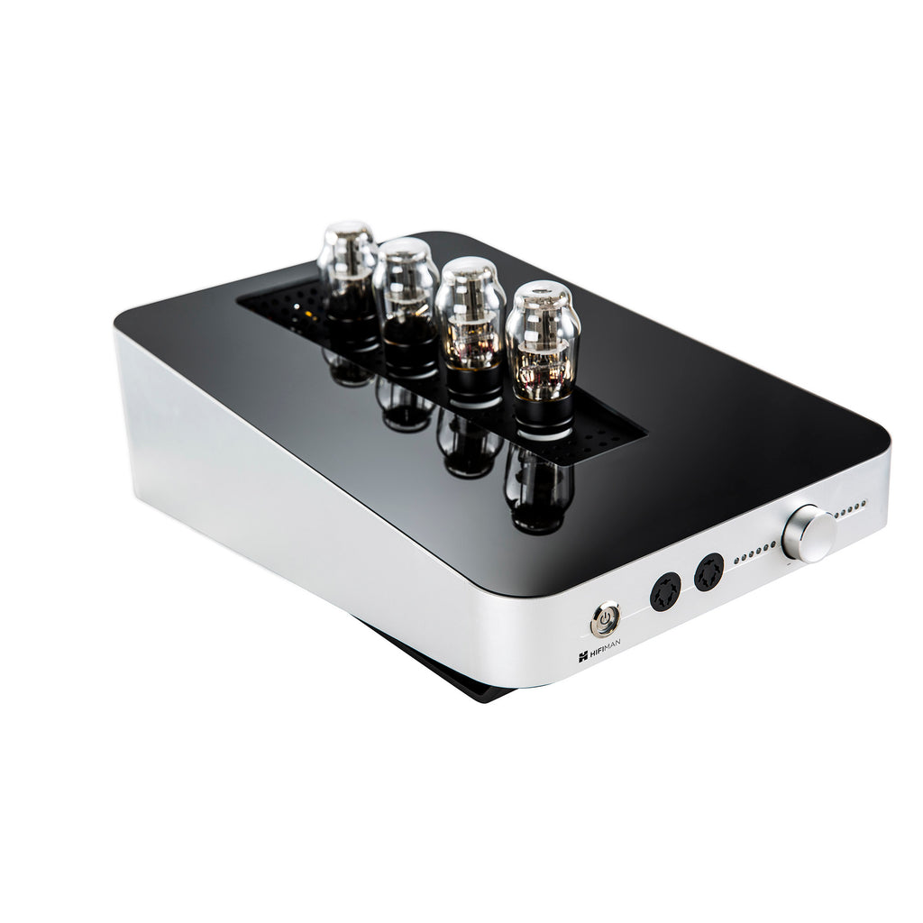 HIFIMAN Shangri-La Jr. Electrostatic Amp with four vacuum tubes on glossy black top and silver body angled view