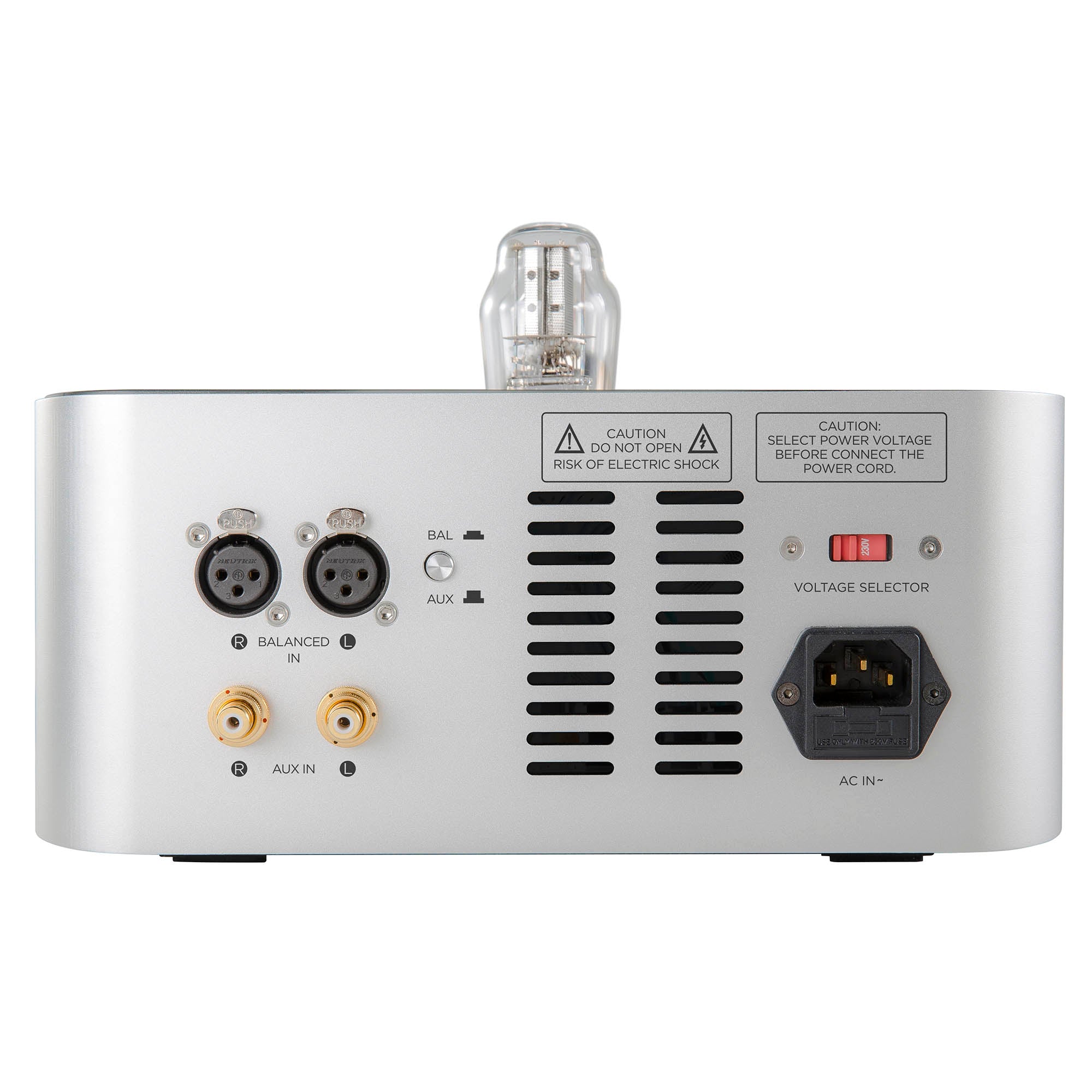 Rear view of HIFIMAN Shangri-La Jr. Electrostatic Amp with balanced inputs, voltage selector, and vacuum tube on white background