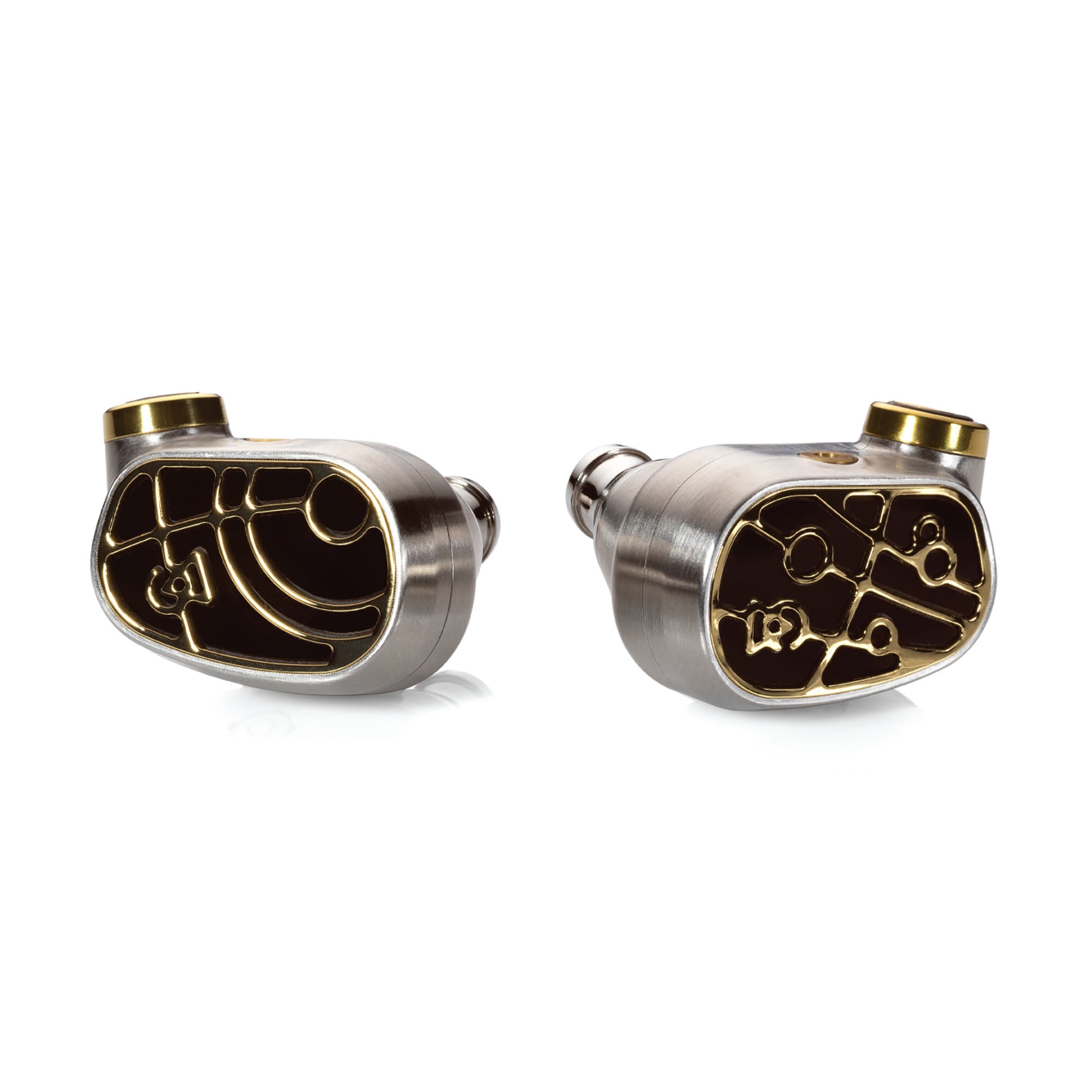 Close-up of Campfire Solaris 'Stellar Horizon' in-ear monitors with intricate gold and silver design on white background