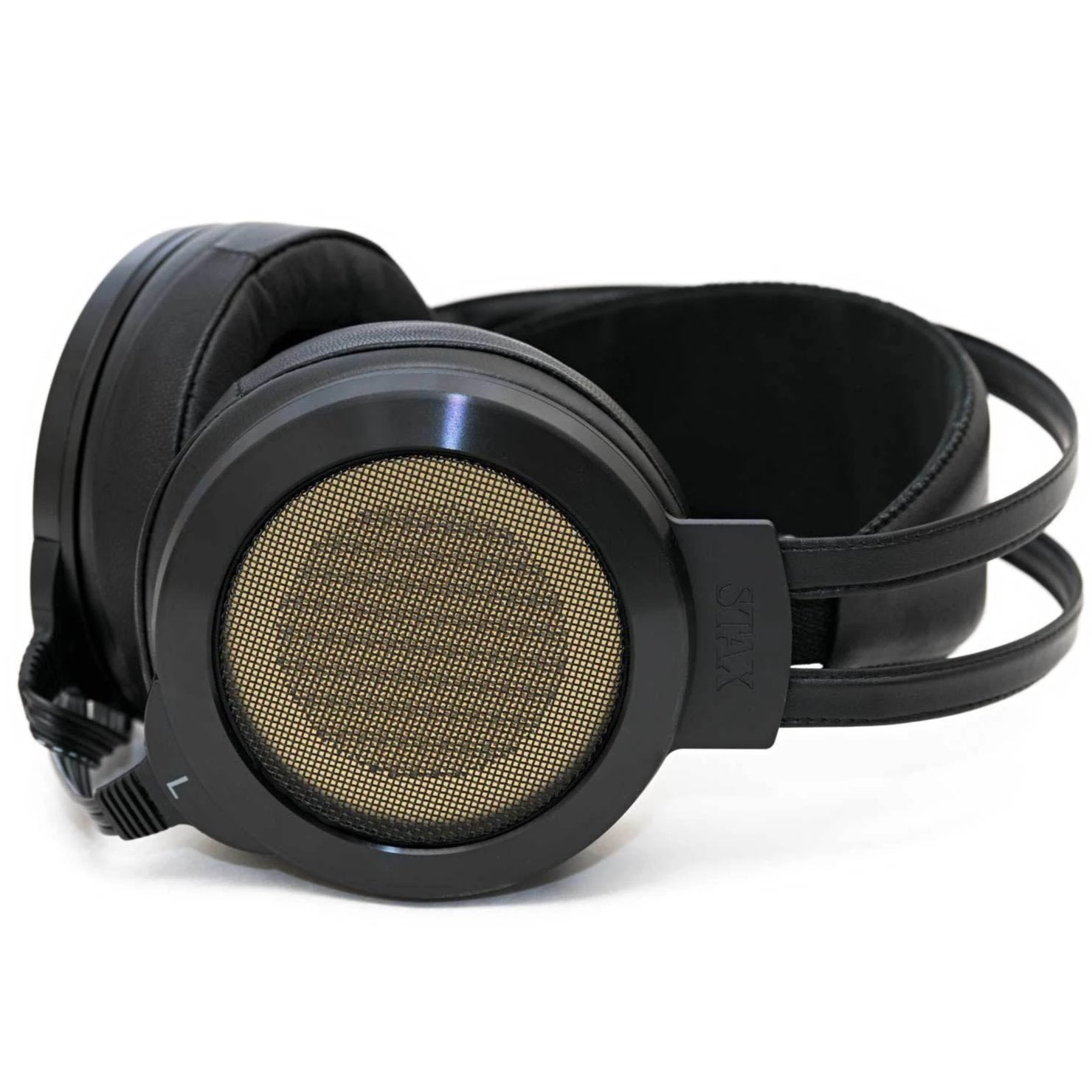 STAX SR-007 MK2 Electrostatic Headphones with black ear cups and metal mesh open-back design on white background