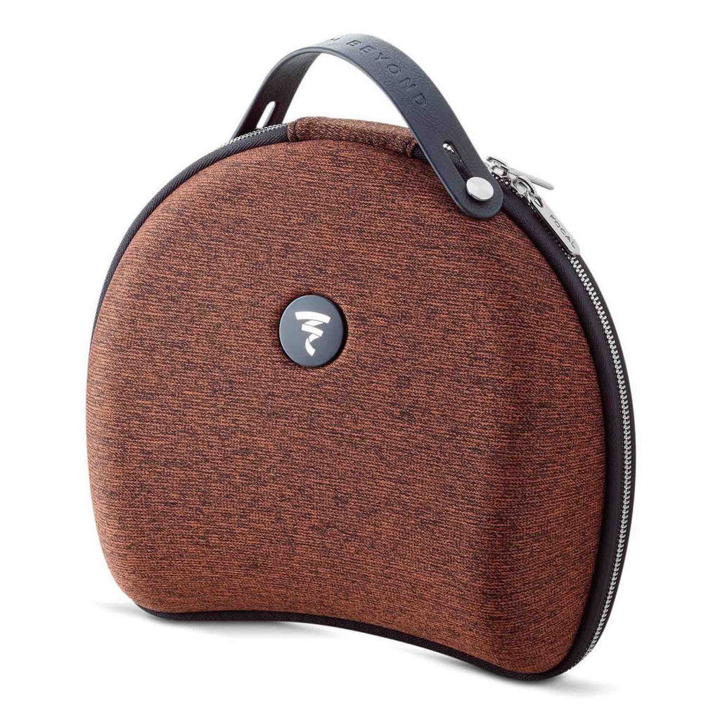 Carrying case for Focal Stellia Closed-Back Dynamic Headphones in brown fabric with black handle and zipper closure