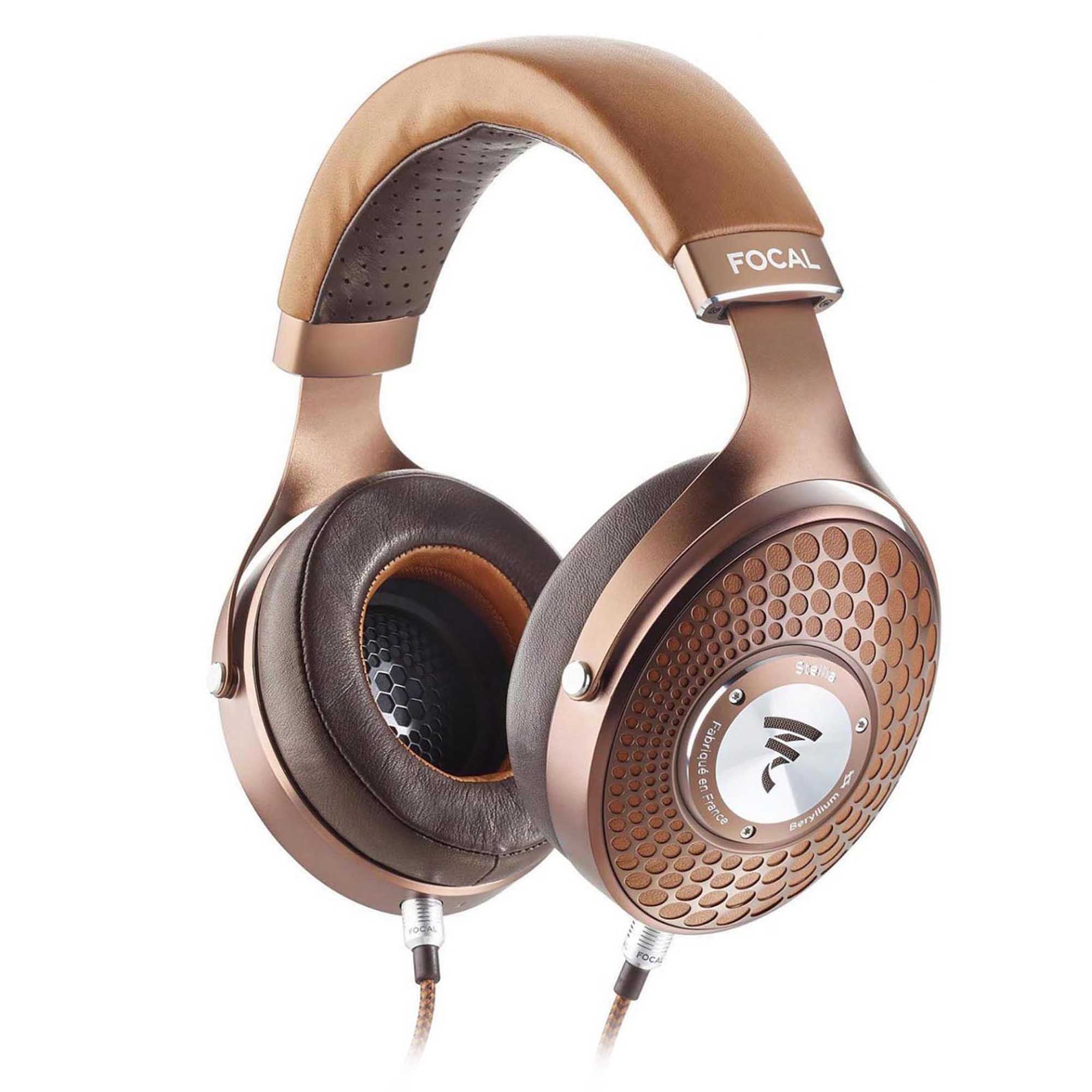 Focal Stellia Closed-Back Dynamic Headphones in bronze with perforated ear cups and padded leather headband on white background