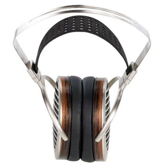 Front view of HIFIMAN Susvara Open-Back Planar Magnetic Headphones with wood ear cups and metal headband on white background