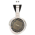 Close-up of the HIFIMAN Susvara Open-Back Planar Magnetic Headphones silver ear cup and grille detail on white background