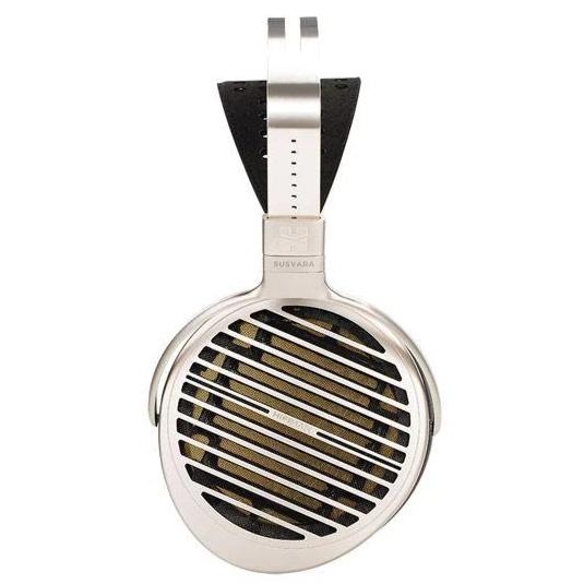 Close-up of the HIFIMAN Susvara Open-Back Planar Magnetic Headphones silver ear cup and grille detail on white background