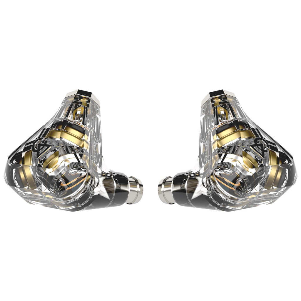 Pair of transparent Campfire Trifecta - Flagship IEMs showing internal gold and silver components on white background