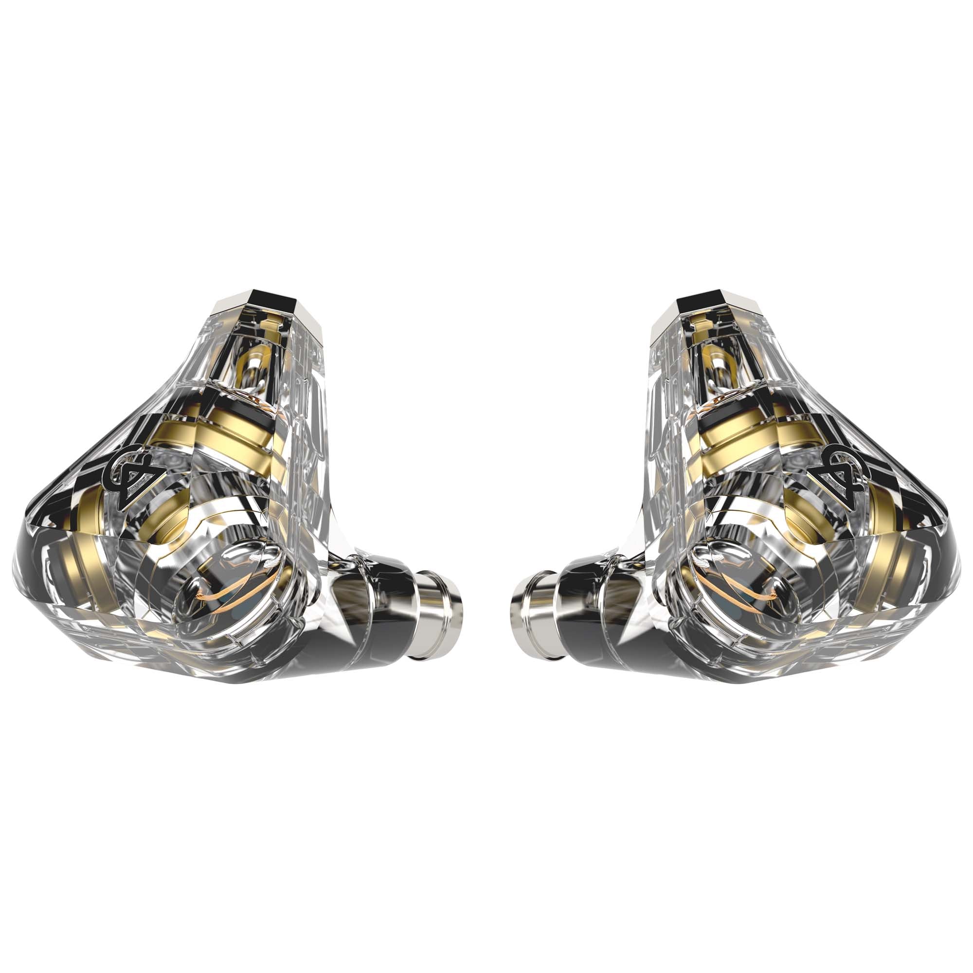 Pair of transparent Campfire Trifecta - Flagship IEMs showing internal gold and silver components on white background