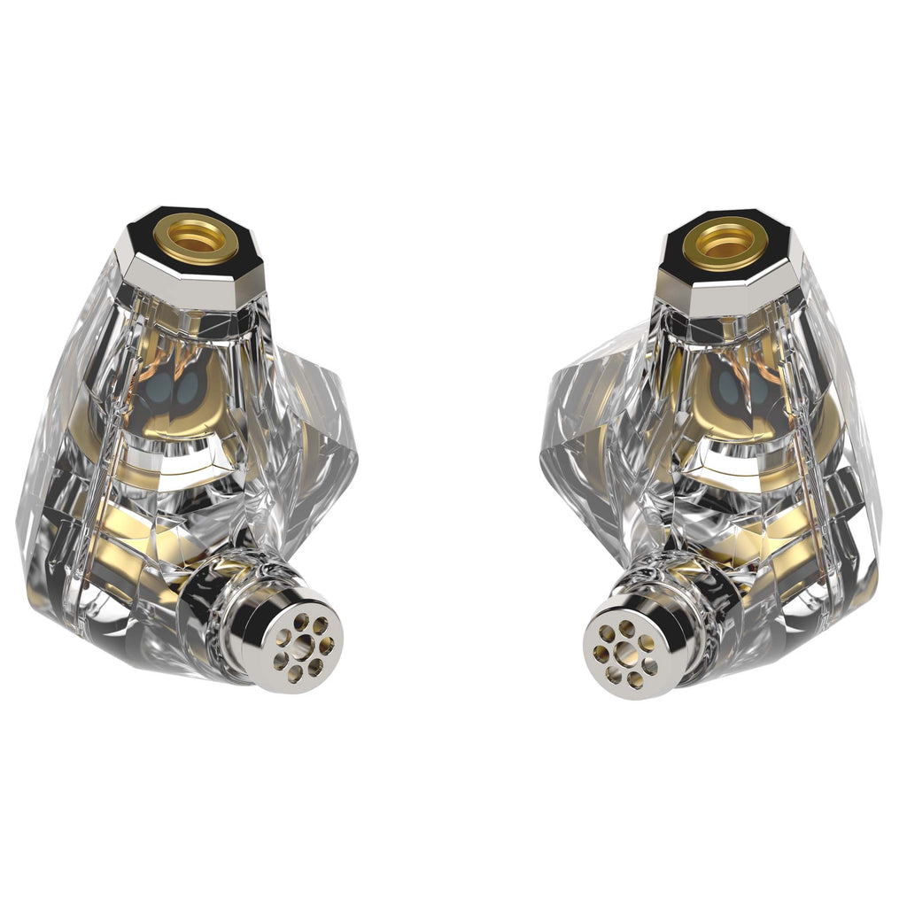 Close-up of transparent Campfire Trifecta - Flagship IEM showing gold internal components and connector pins on white background