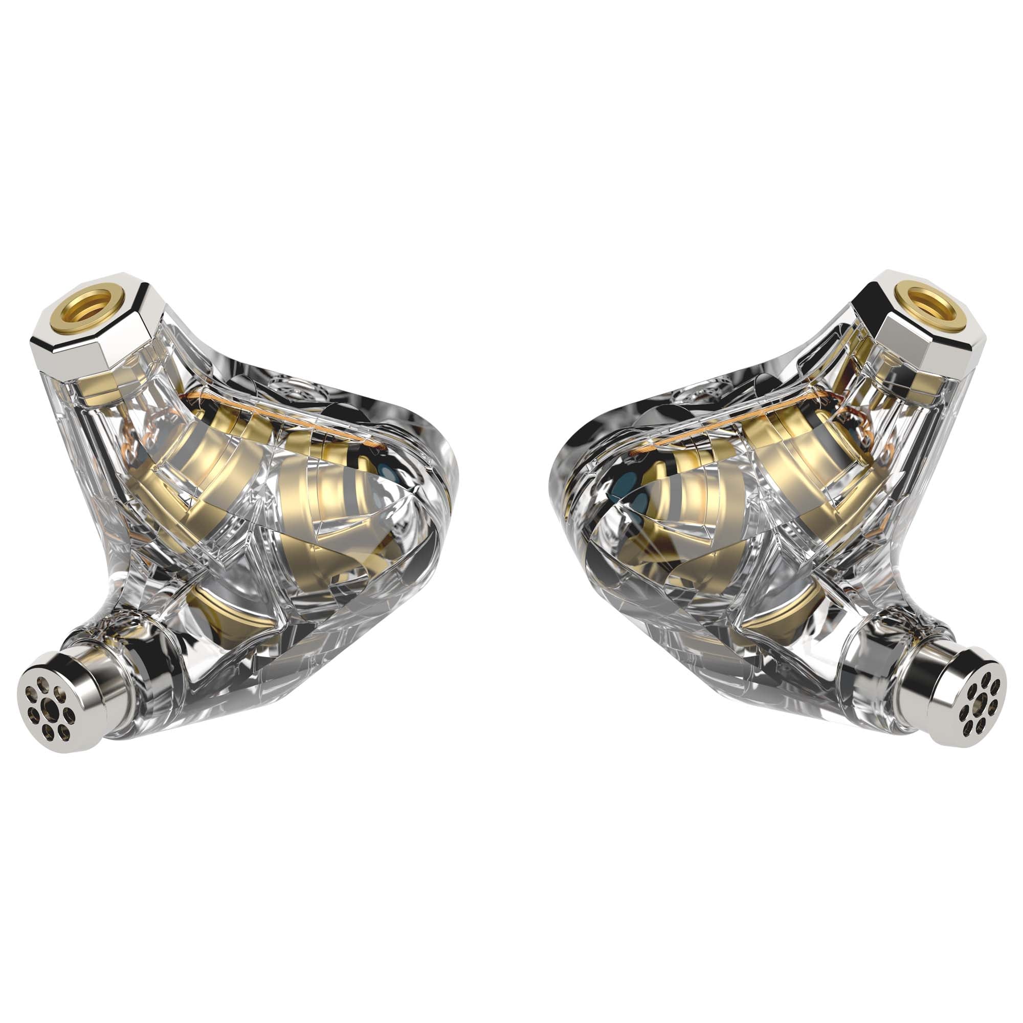 Pair of transparent Campfire Trifecta - Flagship IEM with visible internal gold components on white background