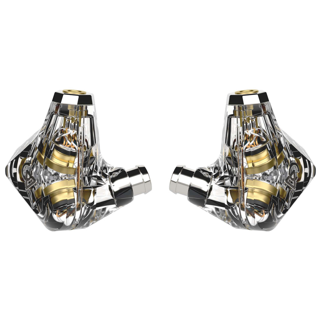 Campfire Trifecta - Flagship IEM clear shell with visible gold internal components isolated on white background