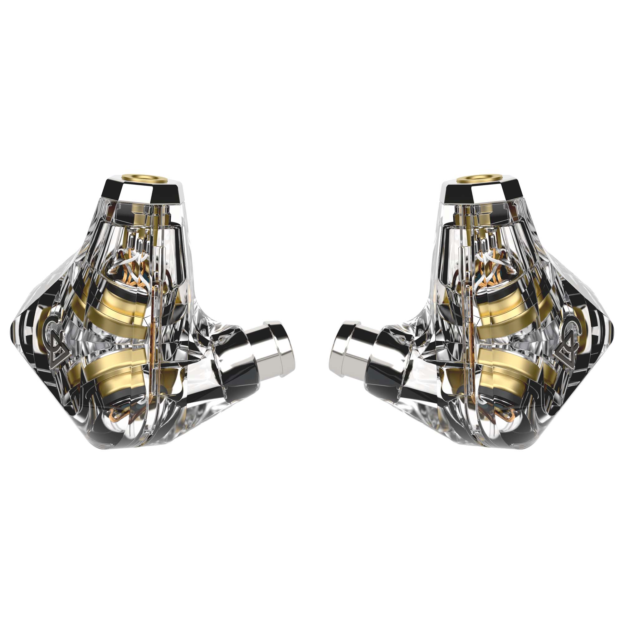 Campfire Trifecta - Flagship IEM clear shell with visible gold internal components isolated on white background