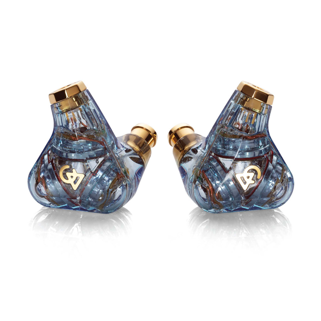 Campfire Trifecta 'Astral Plane' - Flagship IEM with transparent blue shells and gold accents shown on white background