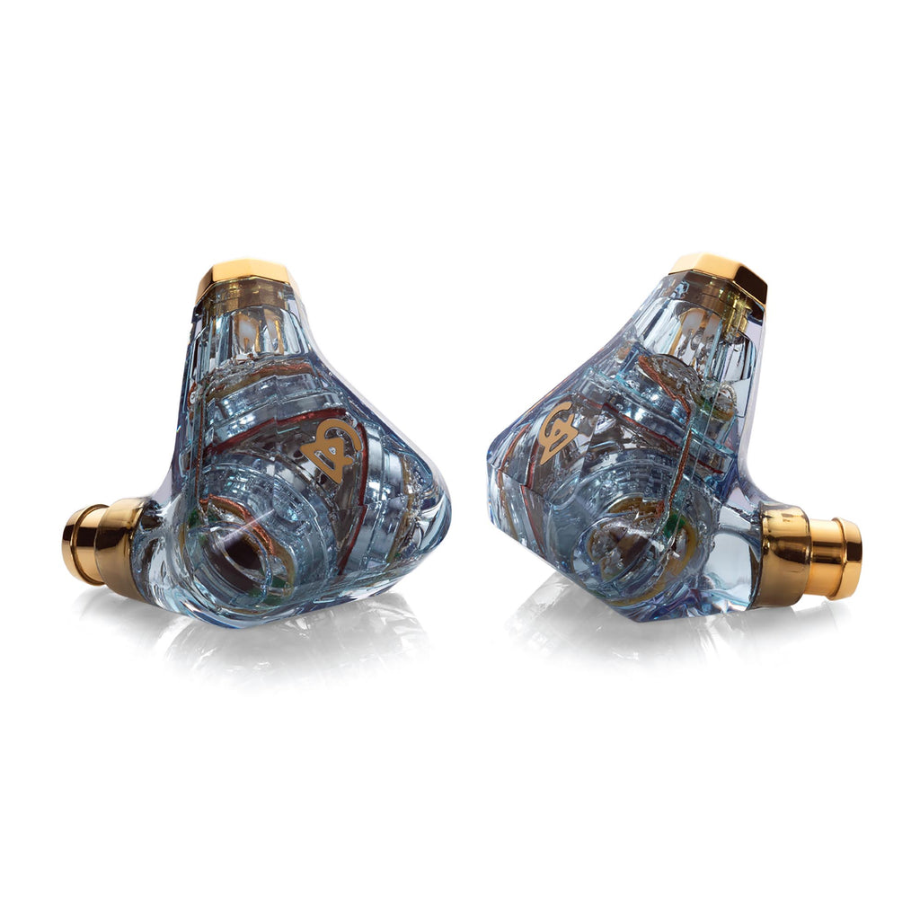 Campfire Trifecta 'Astral Plane' - Flagship IEM with transparent blue shells and gold metal accents on white background