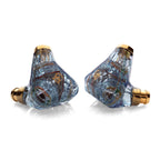 Campfire Trifecta 'Astral Plane' - Flagship IEM with transparent blue shells and gold metal accents on white background