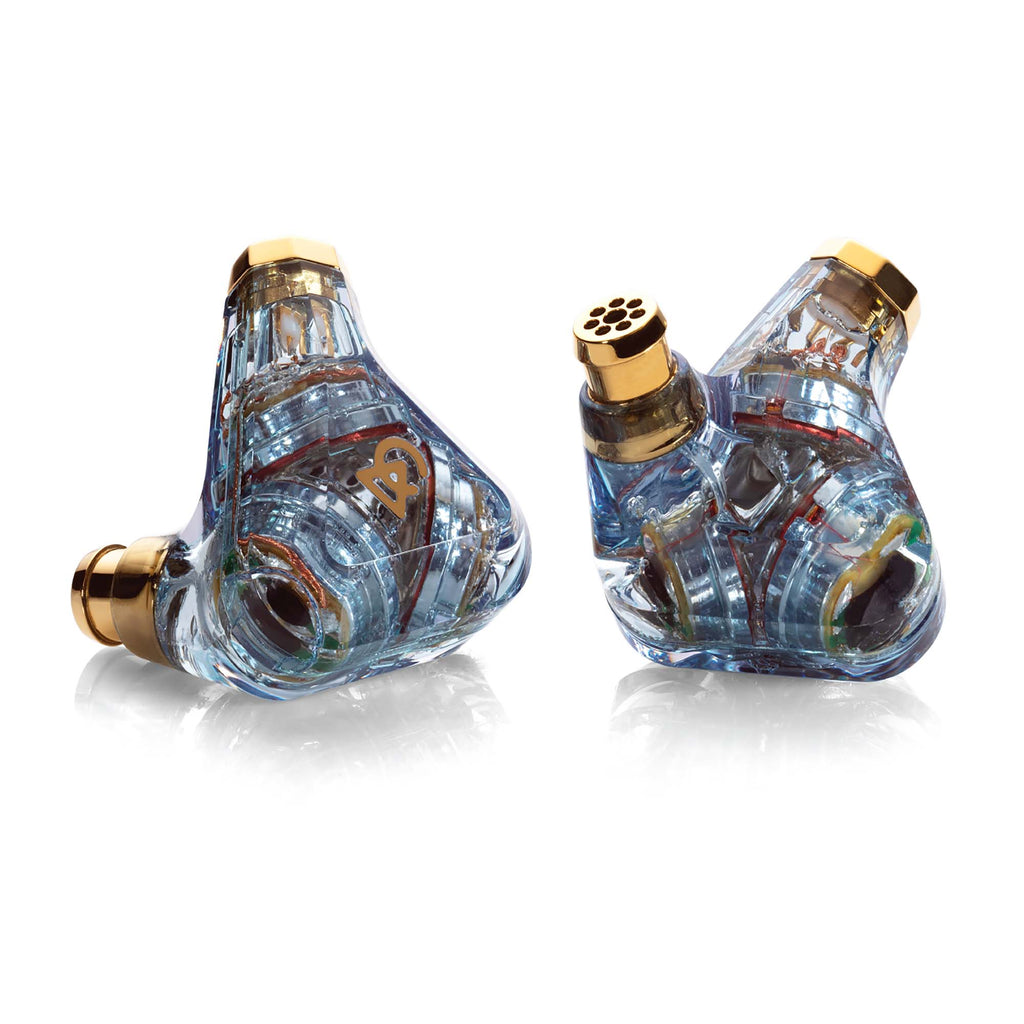 Campfire Trifecta 'Astral Plane' - Flagship IEM with transparent blue shells and gold accents on white background