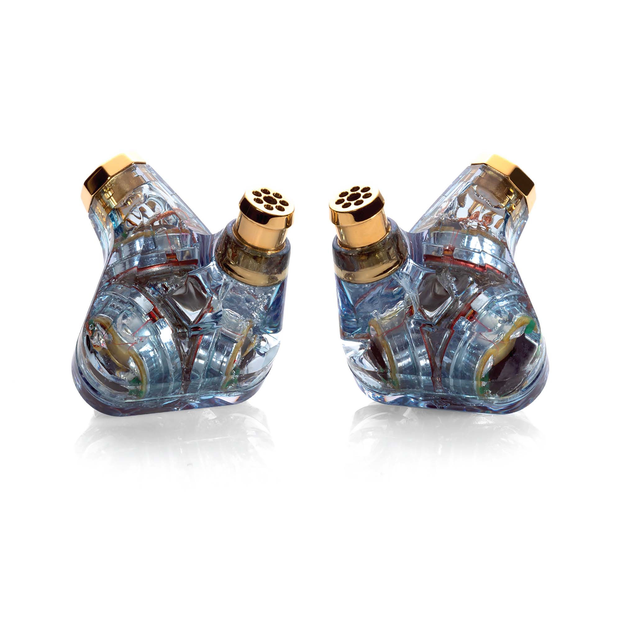 Campfire Trifecta 'Astral Plane' - Flagship IEM showing translucent blue housing with gold accents on white background