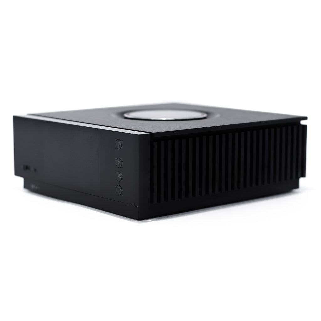 NAIM Uniti Atom All-in-one Wireless Music Player angled view showing black metal casing with control buttons