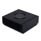 NAIM Uniti Atom All-in-one Wireless Music Player in black with circular control dial and vented side panel on white background