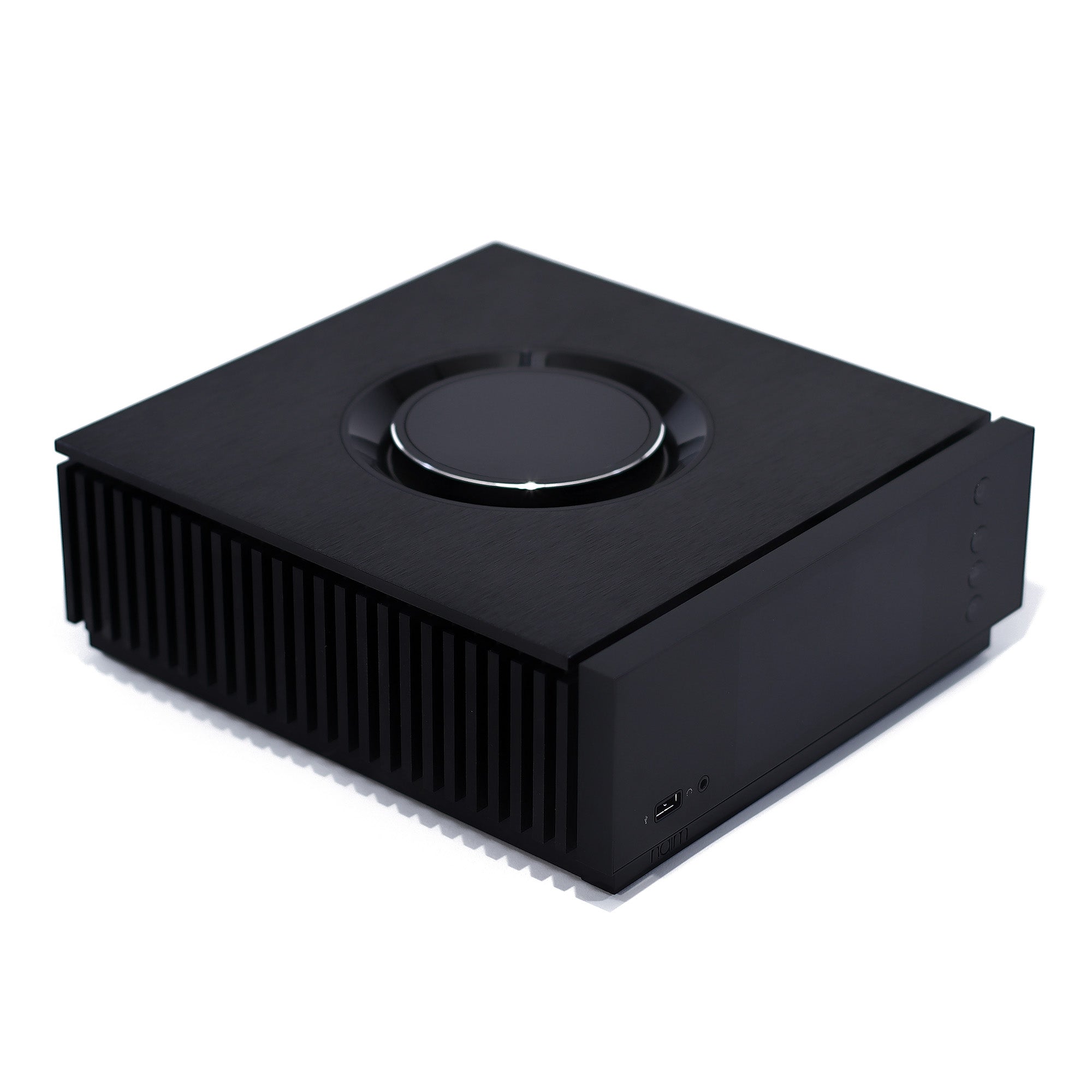 NAIM Uniti Atom All-in-one Wireless Music Player in black with circular control dial and vented side panel on white background