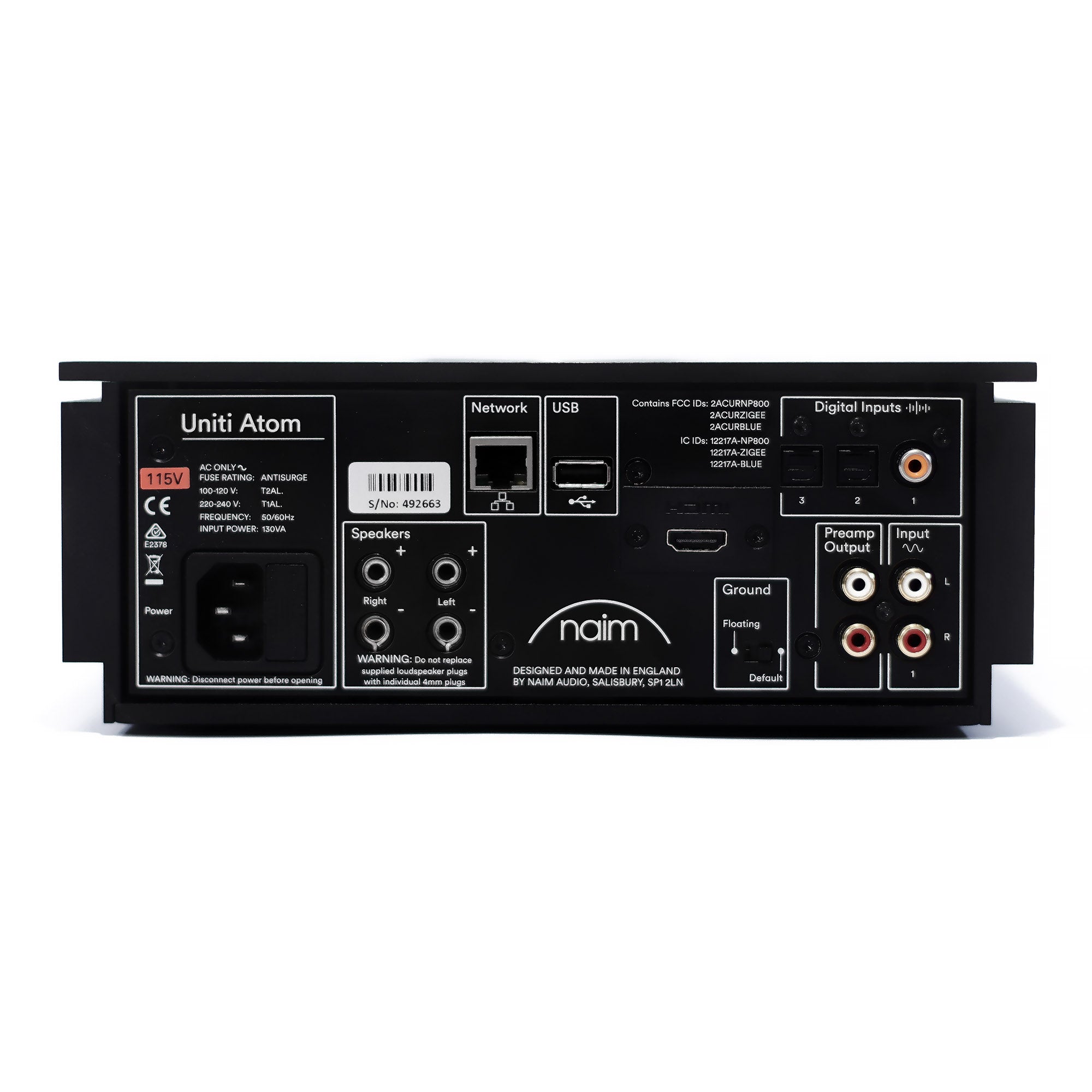 Rear view of NAIM Uniti Atom All-in-one Wireless Music Player showing network, USB, speaker, and audio input connections